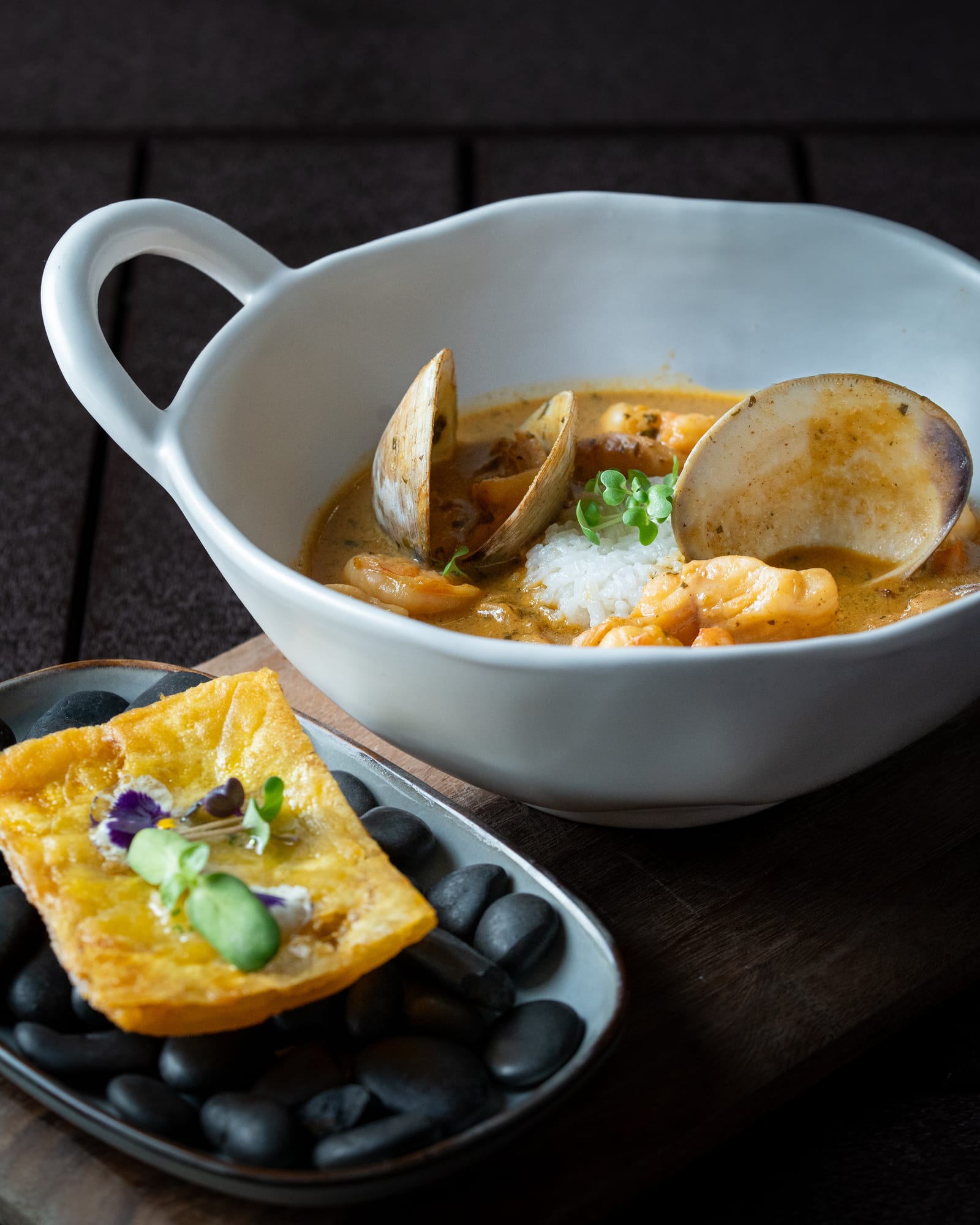 Latin seafood cazuela with clams and shrimp at La Cocina at The Cellar Upstairs